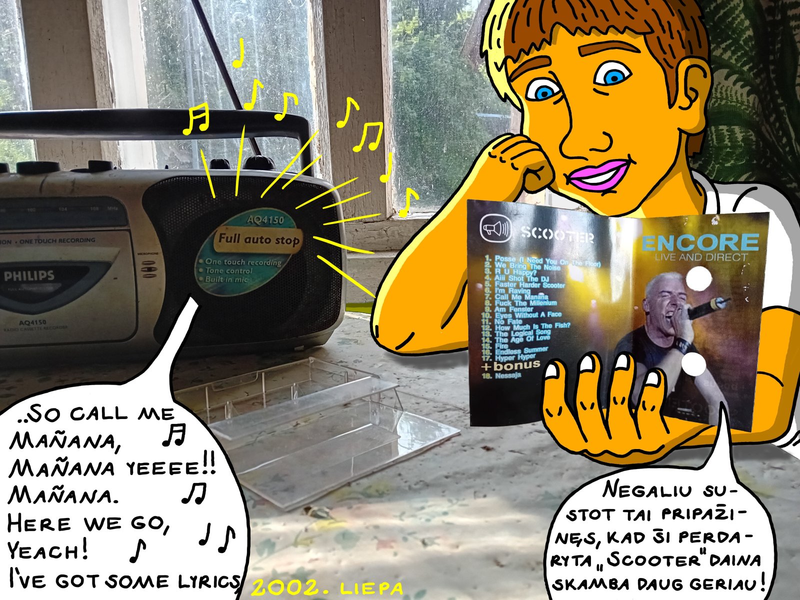 A memory of listening to an audio cassette of "Scooter" songs at home