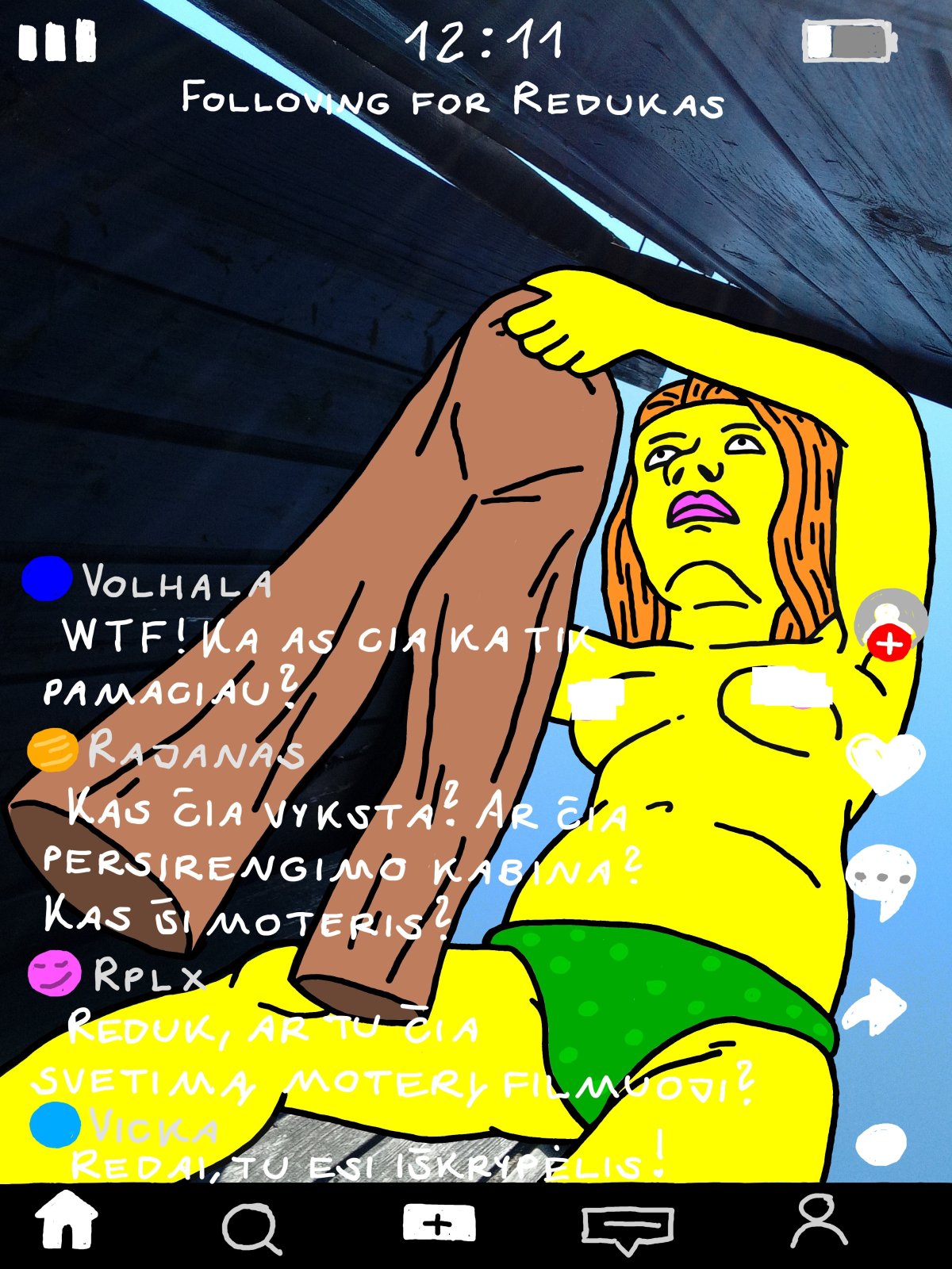Hooligan Red Kernavis films a strange woman changing clothes in a cabin by the lagoon to show everyone