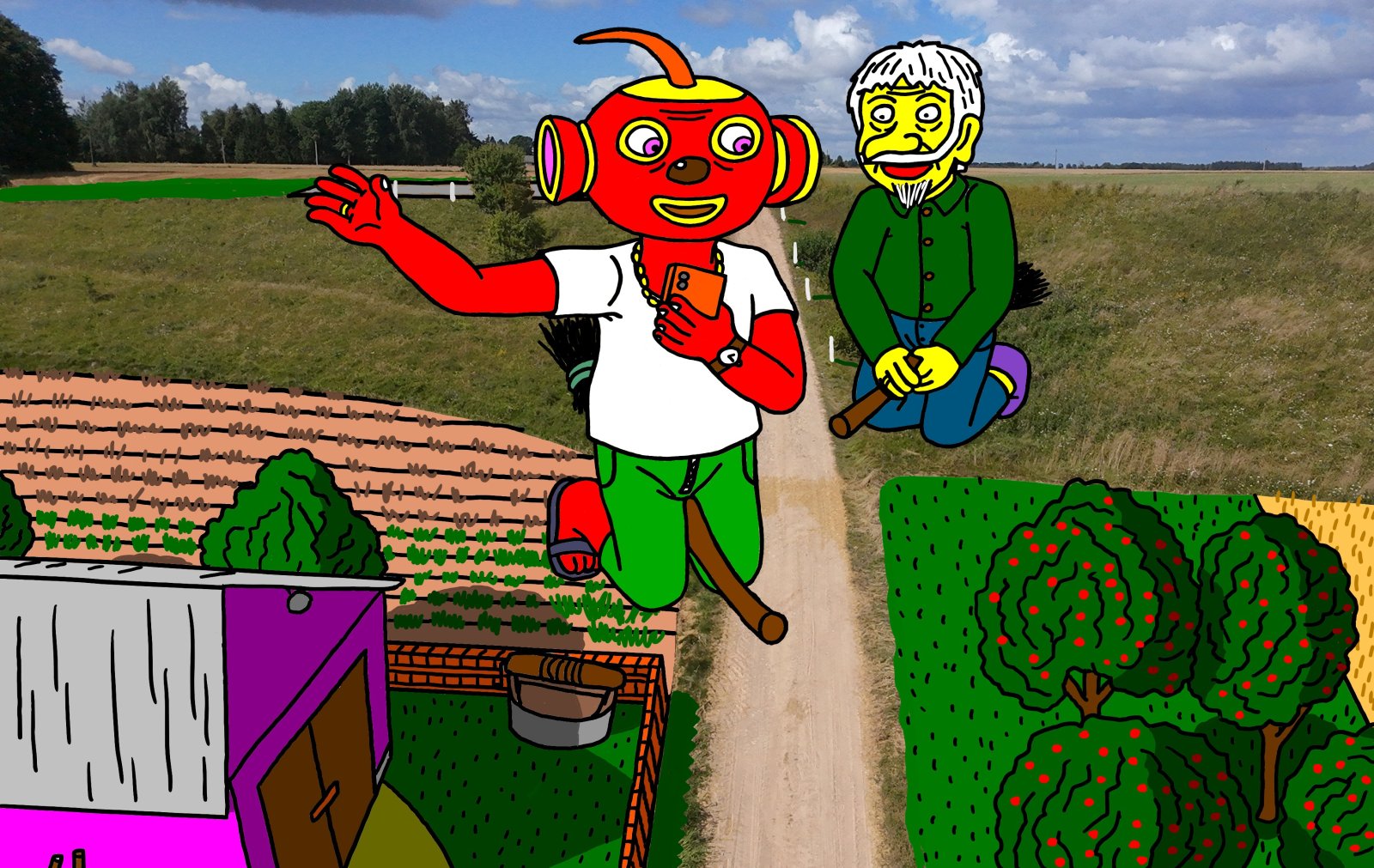 Wizards Tukurutis and Malkomas fly on broomsticks to the Papyvesis Valley, towards the rural tourism homestead