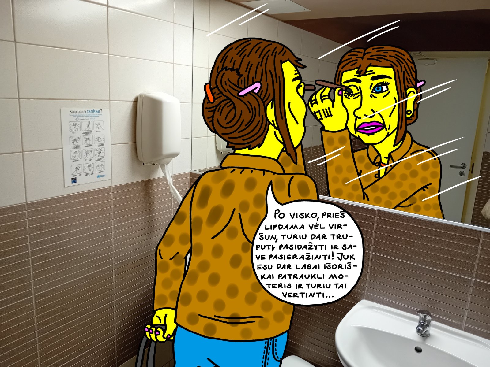Archaeologist Luna is applying mascara to her eyelashes in the Panevėžys library restroom to look more beautiful