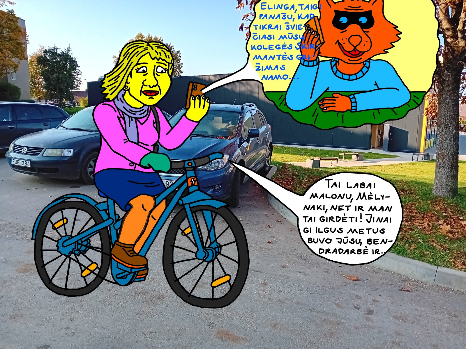 Elinga, a friend of Blue-eyed Lakišius, is cycling from her home in the city while talking to him on the phone