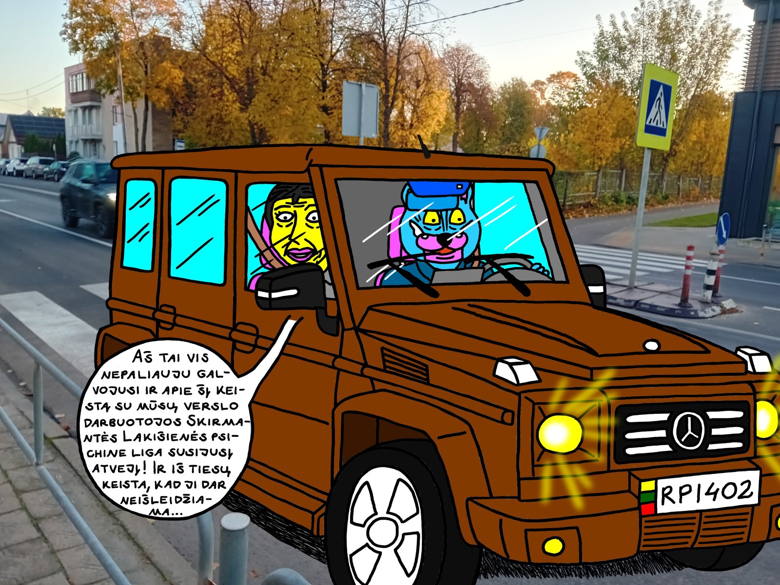 Batuotas and Ksena the cats are once again driving along the main street of Panevėžys in a "Mercedes Gelik"