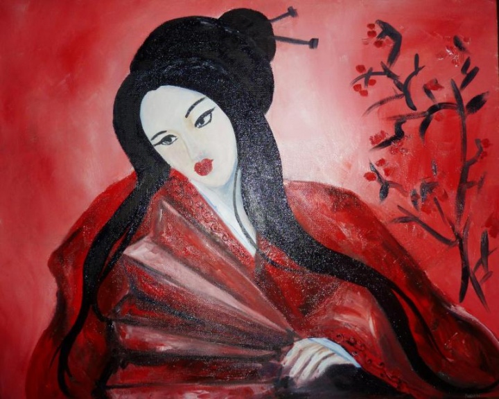 Portrait of geisha with fan