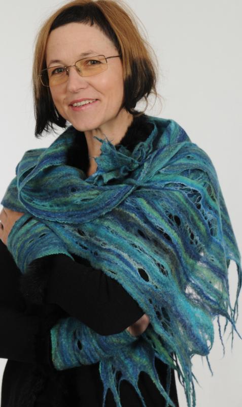 Scarf, brooch, wrist warmers