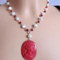 Pearl necklace with coral cameo - Necklace - beadwork