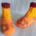 Felt shoes - orange with flowers 2 - Shoes & slippers - felting