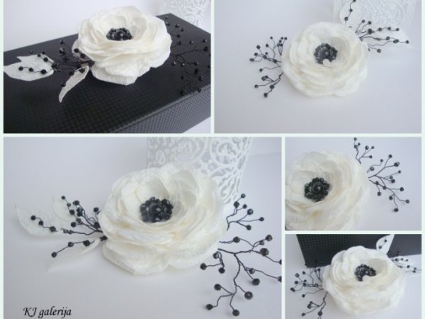 White Flower - brooch with a sprig - Accessory