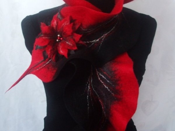 Black red scarf felting processes 3