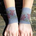 Arm Warmers, Wrist Warmers Beaded Red Butterflies, Bluish Gray Wrist Warmers - Wristlets - knitwork