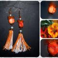 Long orange earrings - Earrings - beadwork