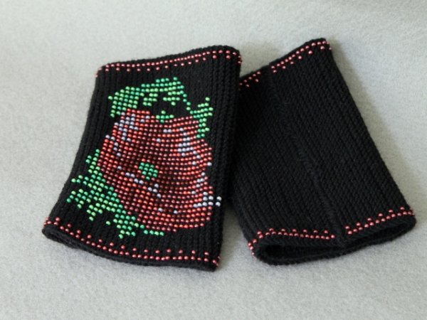 Arm Wrist Warmers Beaded Red Poppies - Unique Handmade Beaded Black Wrist Warmer 2