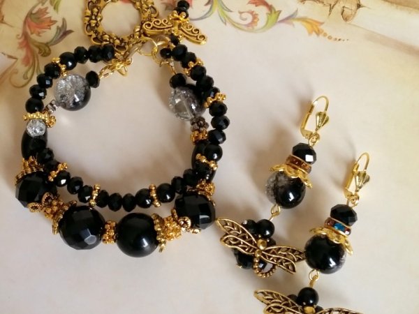 Set with dragonflies black - gold - Kits