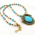 Bead embroidered turquoise pendant - Neck pendants - beadwork