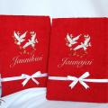 Embroidered Bride and Groom towel set with white pigeons - Needlework - sewing