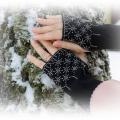 Long Black Wrist Warmers, Snowflakes Pattern, Beaded Arm Warmers - Wristlets - knitwork