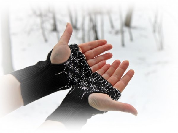 Long Black Wrist Warmers, Snowflakes Pattern, Beaded Arm Warmers 2