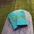 Long Turquoise Color Wrist Warmers, Traditional Flowers Pattern, Beaded Arm Warm - Wristlets - knitwork