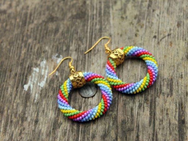 Rainbow hoop earrings, Multicolor beaded rope earrings, Gold color detail 3