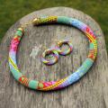 Rainbow hoop earrings, Multicolor beaded rope earrings, Gold color detail - Earrings - beadwork