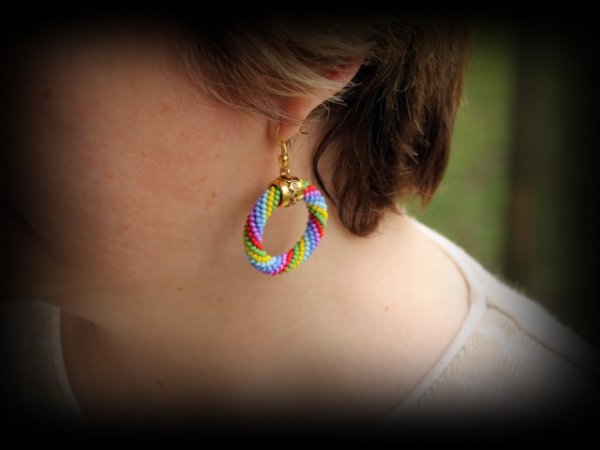 Rainbow hoop earrings, Multicolor beaded rope earrings, Gold color detail 2