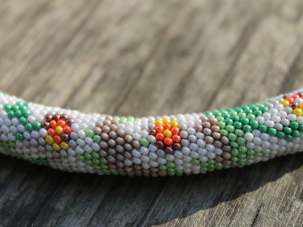 Seed bead crochet rope necklace with Gladiolus flowers pattern, White and green  3