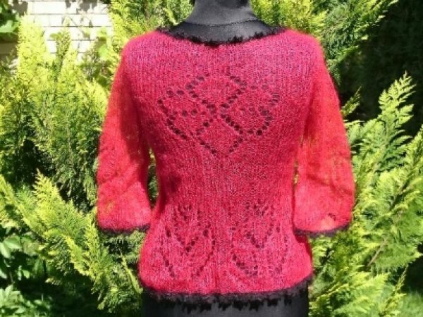 Red, handmade knitt jacket with red buttons and black lace 2