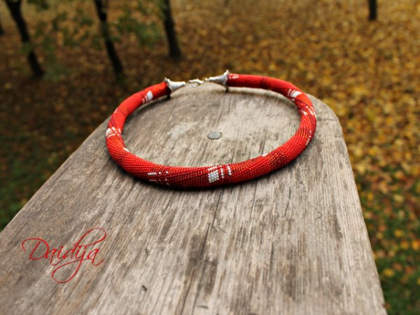 Beaded rope necklaces checkered red and white, crochet rope, bead crochet  2