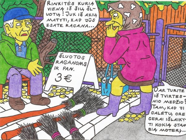 Burtininkė Nukliopa turguje apžiūrinėja šluotas - Pictures