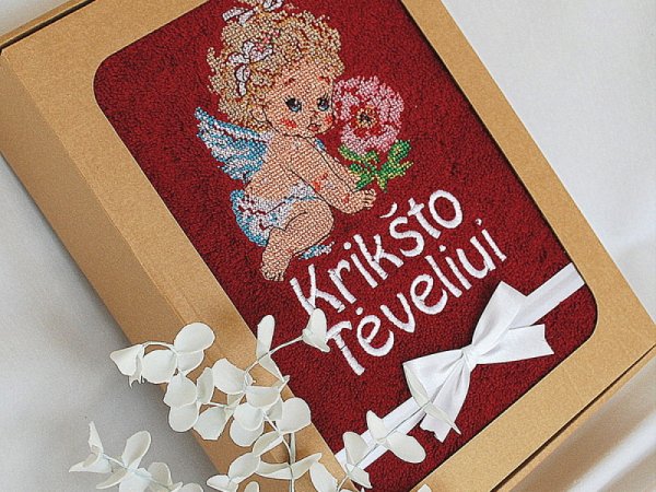 Dovana krikšto tėvams - siuvinėti rankšluosčiai - Angeliuko gėlytė 2