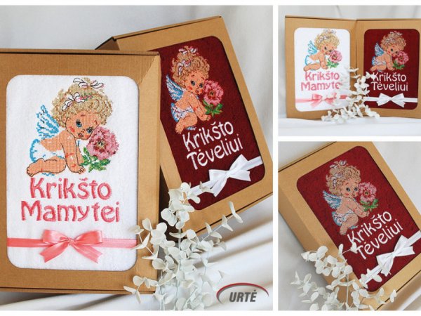 Dovana krikšto tėvams - siuvinėti rankšluosčiai - Angeliuko gėlytė 3