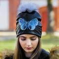 Cotton and Faux Leather beanie - "Blue Butterfly" - Drawing on clothes - drawing
