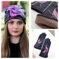 Cotton and Faux Leather set: Beanie and gloves "Purple blossom" - Drawing on clothes - drawing