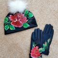 Cotton and Faux Leather set: Beanie and gloves "Rose blossom" - Drawing on clothes - drawing