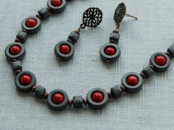 Set - Hematite & Coral Necklace & Earrings ... 2
