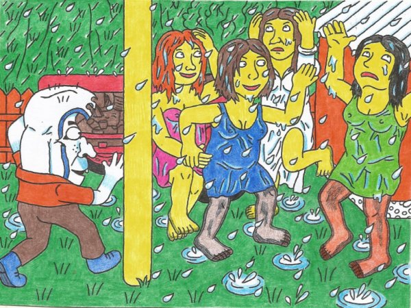 Popierius Popierėnas su viešniomis pamergėmis šoka lauke, per lietų - Pictures