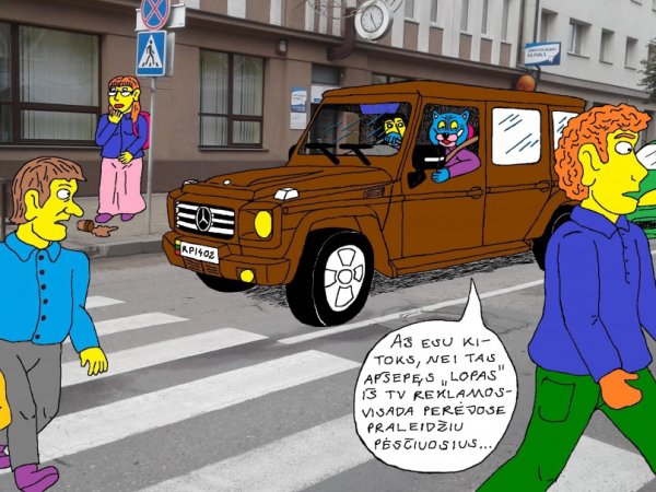 Batuotas Katinas su žmona ir visureigiu "Mercedes" važiuoja per Kupiškio miestą - Kompiuterinė grafika