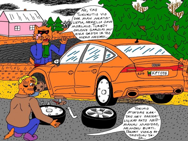 Nyciečiai vyrai keliauja į draugo bernvakarį Kaune - Kompiuterinė grafika