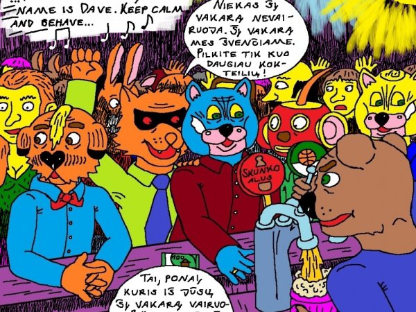 Nyciečiai vyrai keliauja į draugo bernvakarį Kaune 3 - Kompiuterinė grafika
