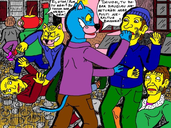 Nyciečiai vyrai keliauja į draugo bernvakarį Kaune 4 - Kompiuterinė grafika