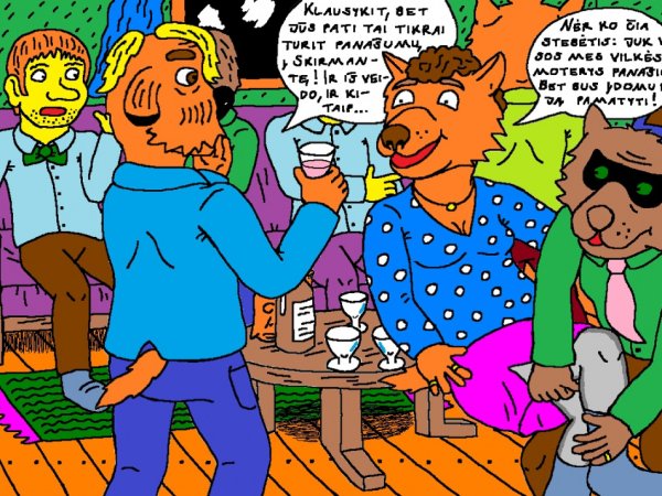Nyciečiai vyrai keliauja į draugo bernvakarį Kaune 6 - Kompiuterinė grafika
