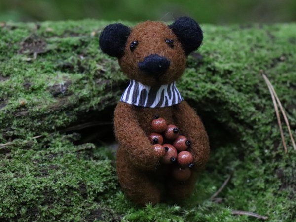 Sagė iš vilnos "Rudis ir jo šokoladinės uogos" - Brooches