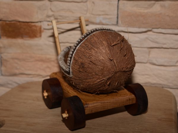 Coconut Stroller - a pot for someone's birthday, christening, sleeping doll ... With a wooden base, on which there is space to place a greeting text. Oak base. Can come without base if requested. 2
