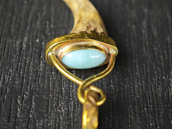 Hand made Pendant. Horn, aquamarine, brass. 3
