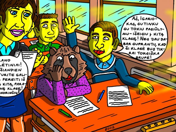 Ingridos nekenčiamas mokinys Usūrinis ir jo klasiokas Igariokas sėdi savo klasės suole pirmą dieną - Computer graphics