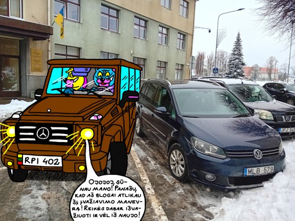 Batuotas Katinas su "Mersu Geliku" Kupiškio vienoje iš gatvių bando prisiparkuoti - Computer graphics