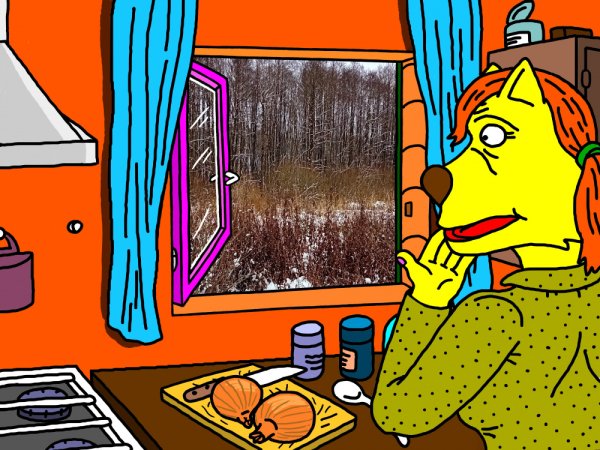 "Papyvesio" sodybos trobos viduje prižiūrėtoja Skirmantė žvelgia į lauką pro atvirą langą - Computer graphics