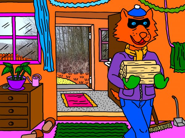 "Papyvesio" sodybos trobos virtuvėje Mėlynakis įžengia pro duris ir atneša malkų. - Computer graphics