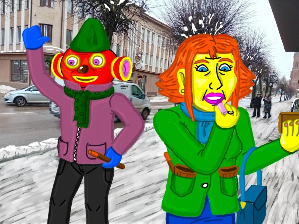 Burtininkai Tukurutis ir Irena Kupiškyje Naujųjų metų rytą vyksta aplankyti Irenos tėvų - Computer graphics