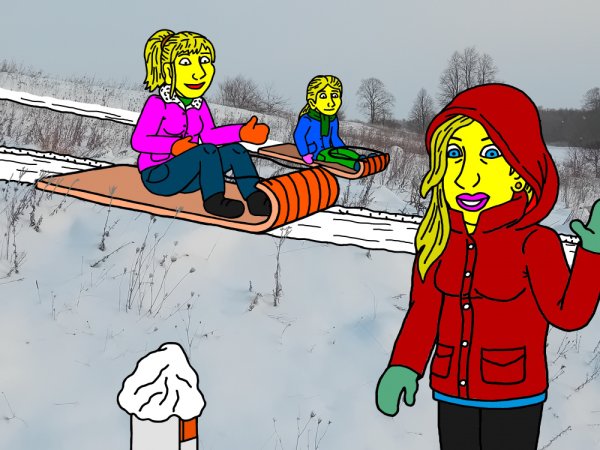 Seserys atvykusios čiuožinėja po Papyvesio slėnio šlaitą žemyn, su rogutėmis - Computer graphics