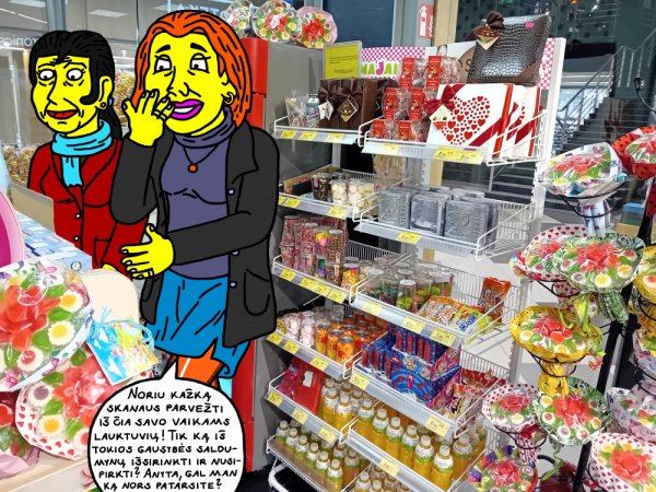 Nycietės moterys Ksena ir Marijana dairosi po saldumynų krautuvėlę Panevėžyje - Computer graphics
